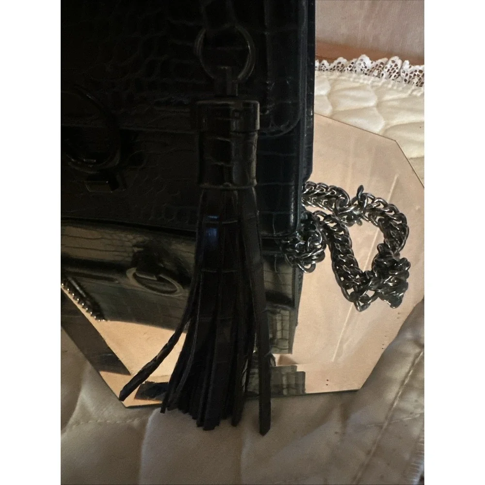 Aldo Black Croc Embossed cross body bag with tassel, chain